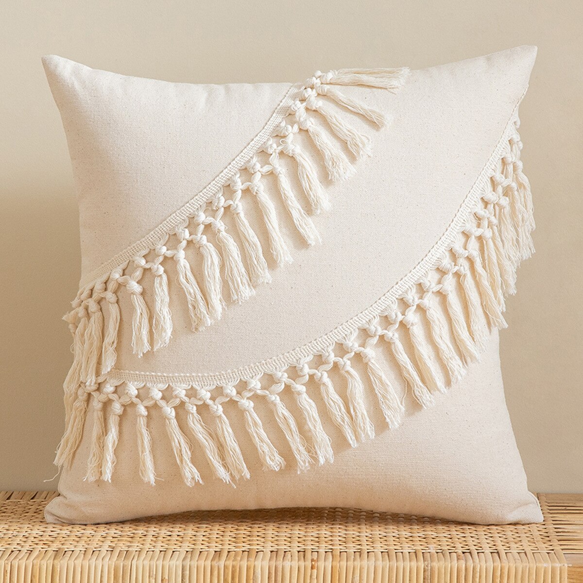 Tassels Cushion Cover Beige White Pillow Covers