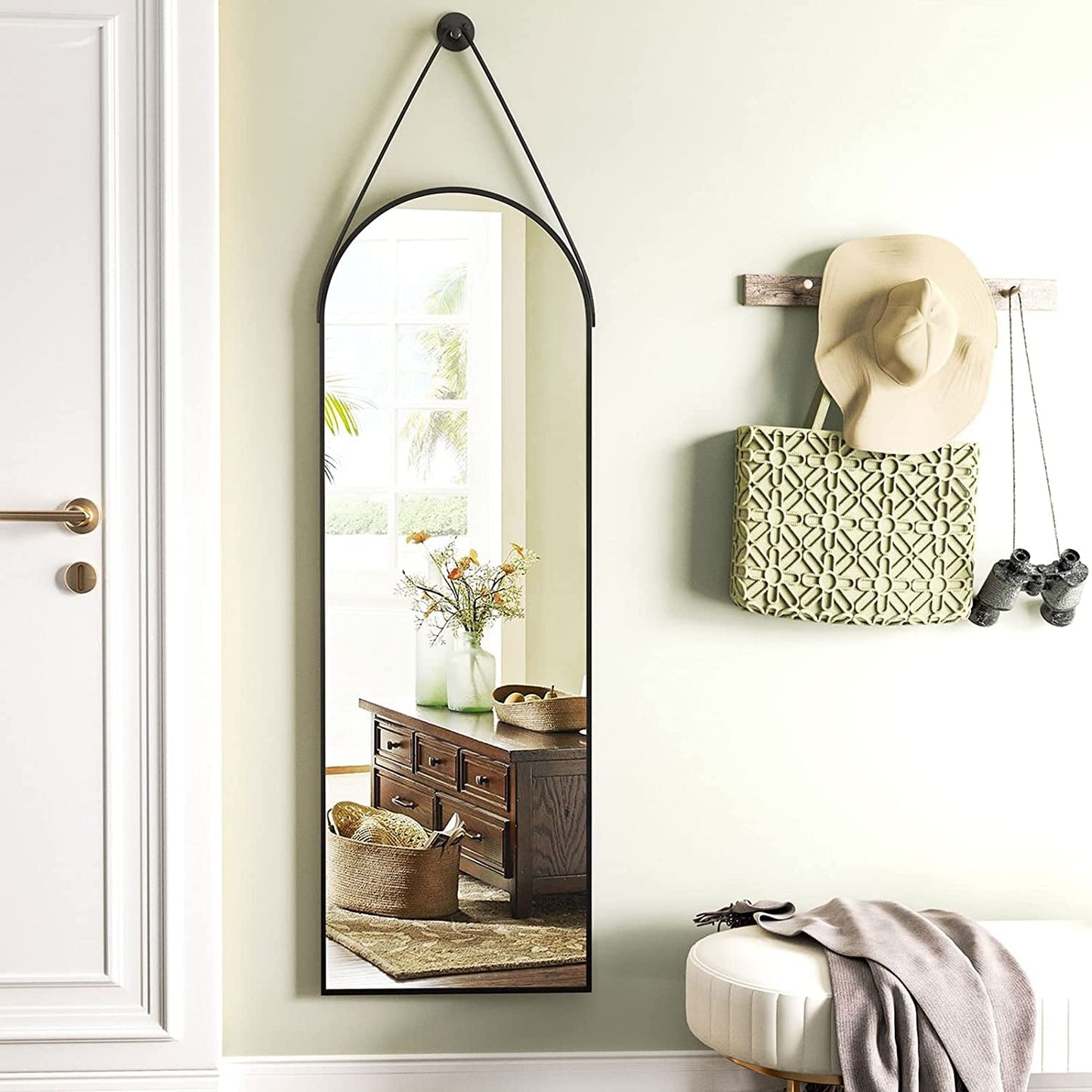 48''X16'' Arched Wall Mirror with Hanging Mirror Leather Cord,