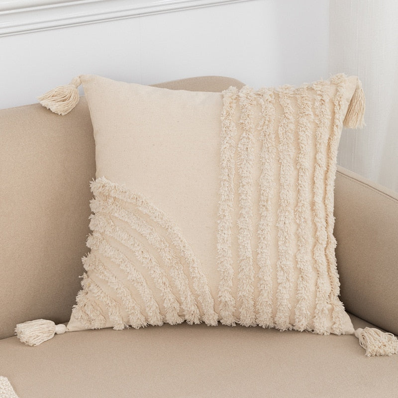 Tassels Cushion Cover Beige White Pillow Covers