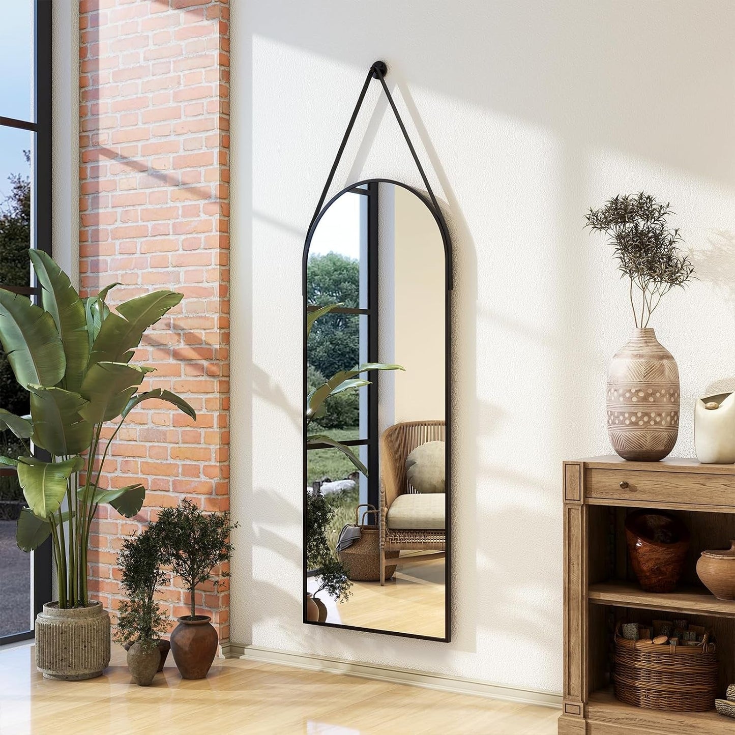 48''X16'' Arched Wall Mirror with Hanging Mirror Leather Cord,