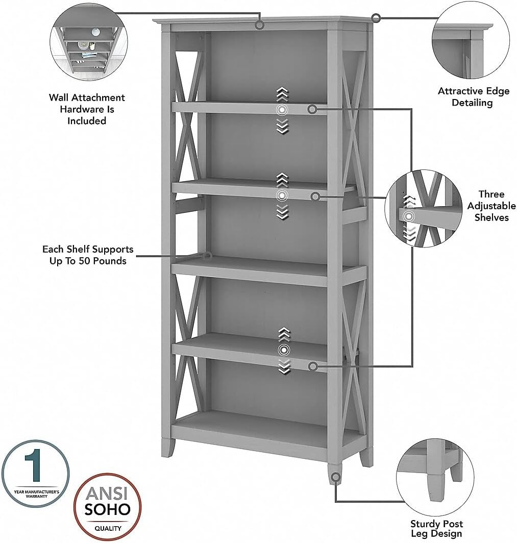 Bush Furniture Key West Bookcase Shelf in Cape Cod Gray