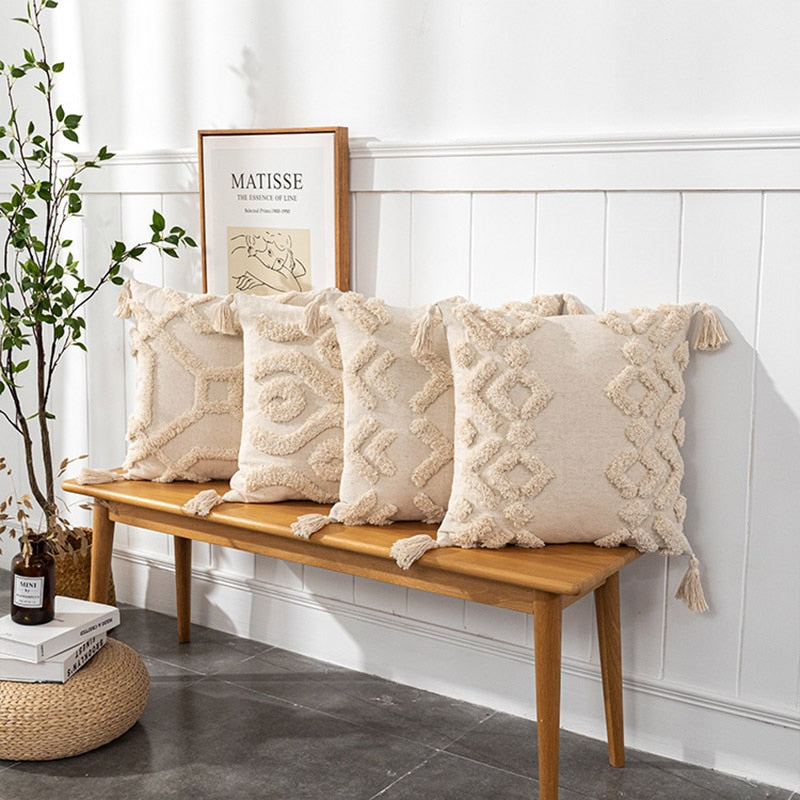 Tassels Cushion Cover Beige White Pillow Covers