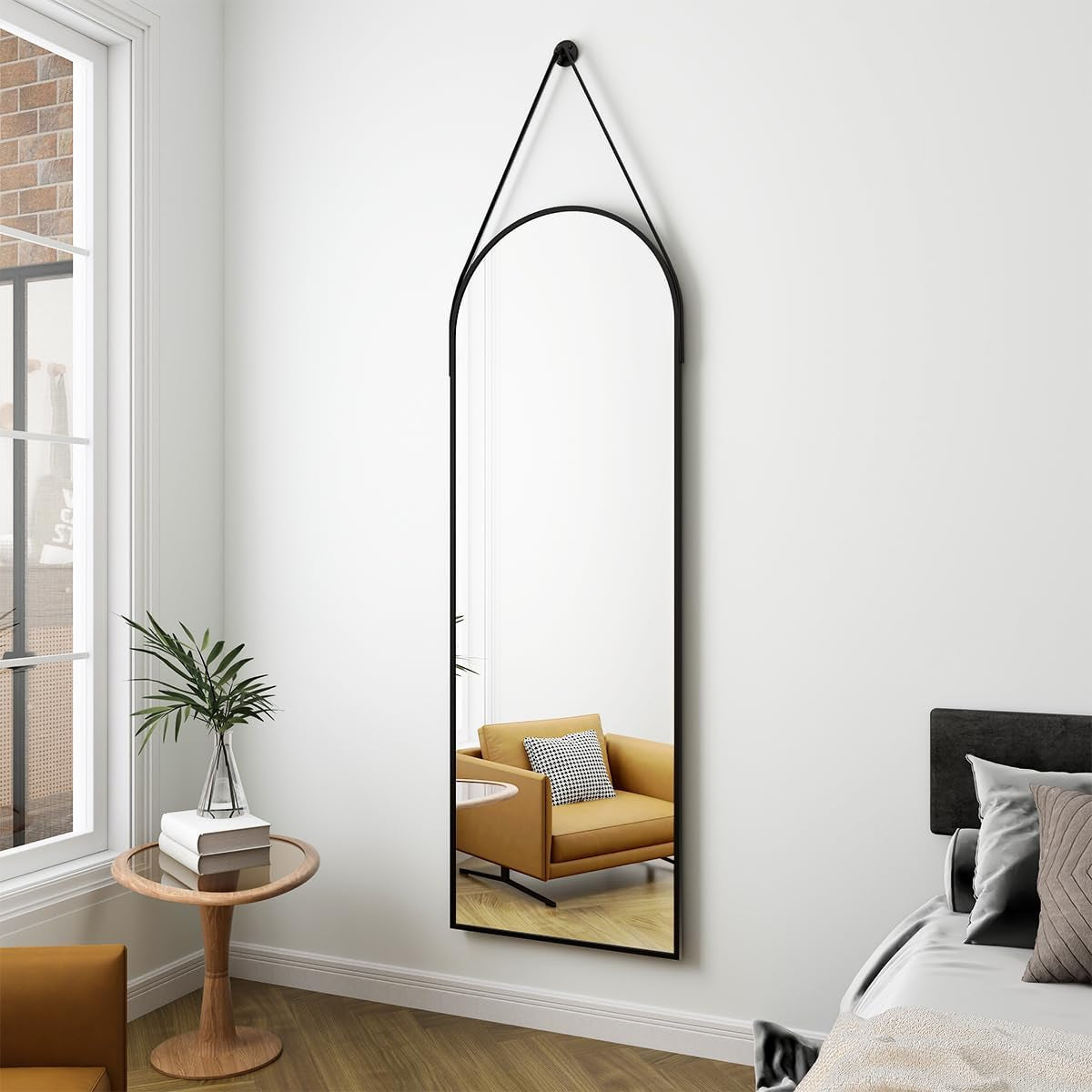 48''X16'' Arched Wall Mirror with Hanging Mirror Leather Cord,