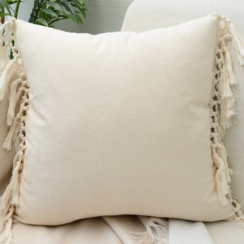 Tassels Cushion Cover Beige White Pillow Covers