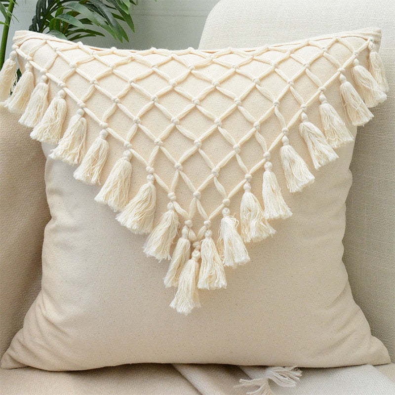 Tassels Cushion Cover Beige White Pillow Covers