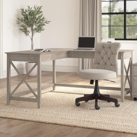 Bush Furniture Key West L Shaped Desk, 60-Inch Modern Farmhouse