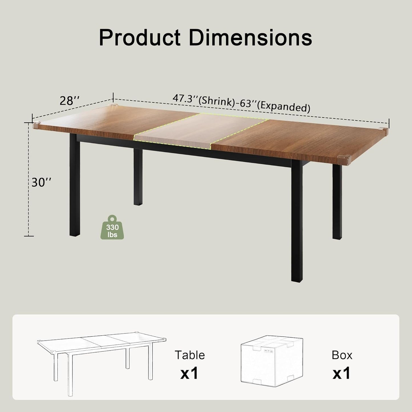 63" Extendable Dining Table, Modern Farmhouse Dining Room