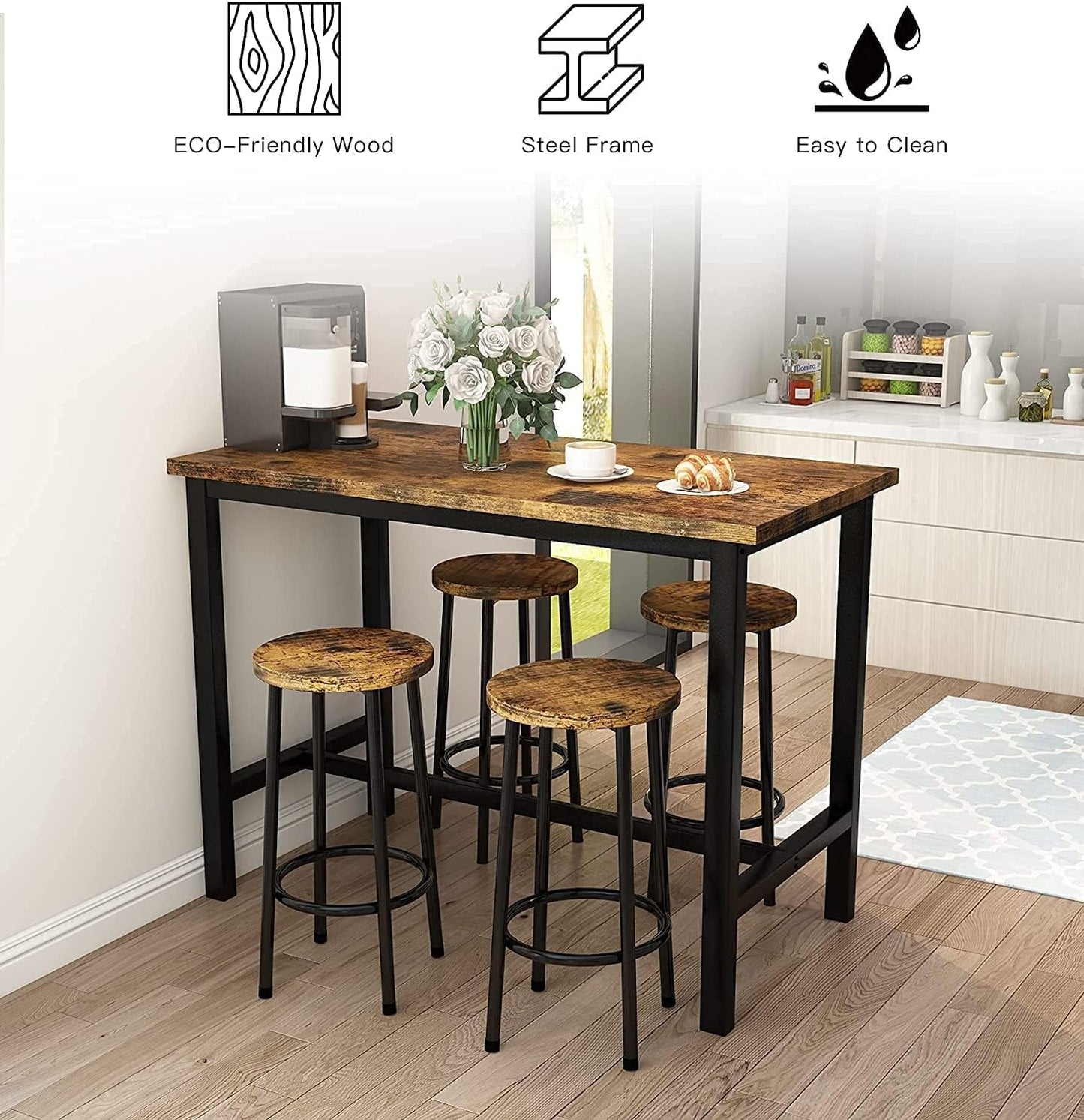 5 Pcs Dining Table Set, Kitchen Table and 4 Bar Stools