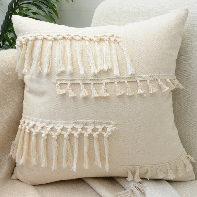 Tassels Cushion Cover Beige White Pillow Covers