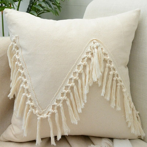 Tassels Cushion Cover Beige White Pillow Covers