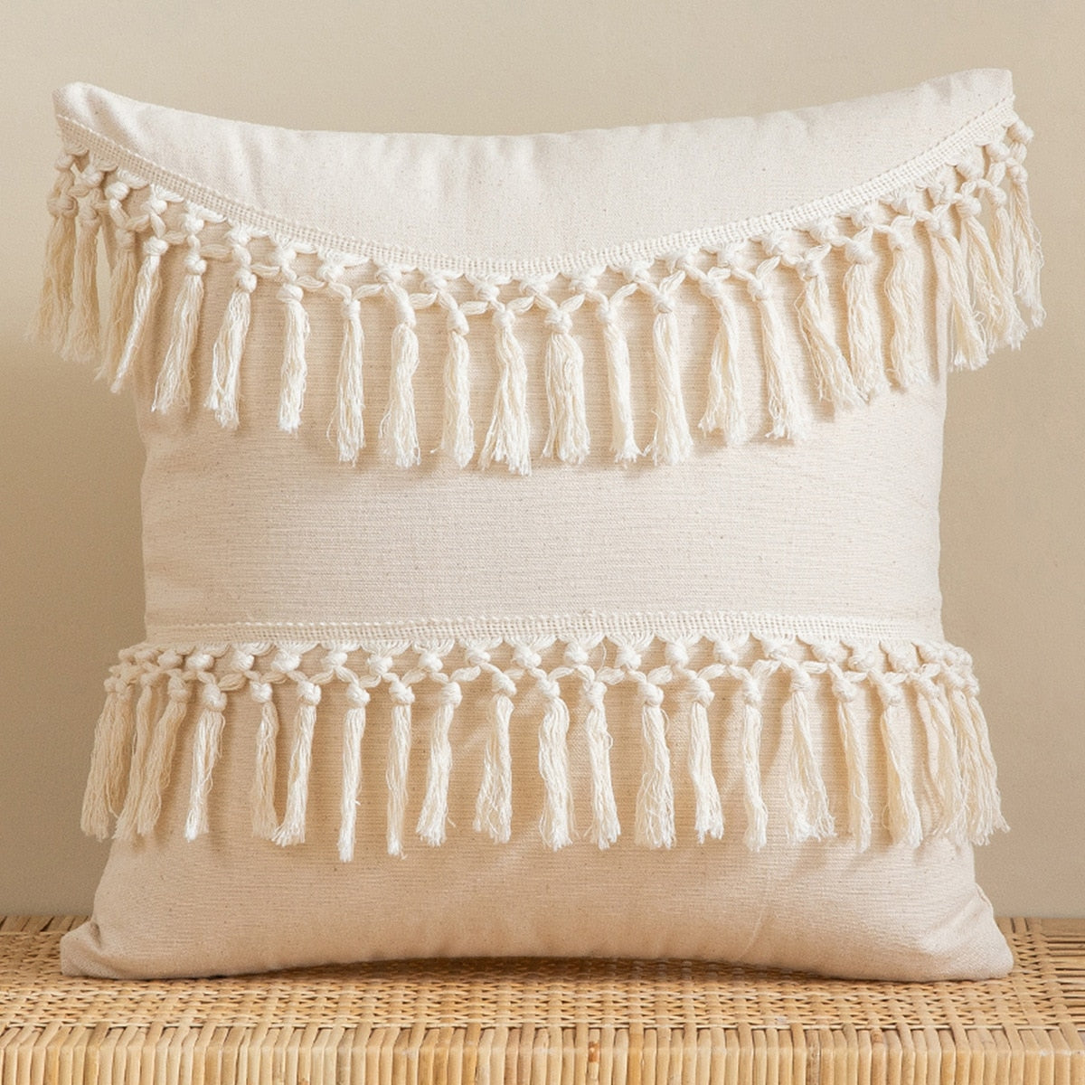 Tassels Cushion Cover Beige White Pillow Covers