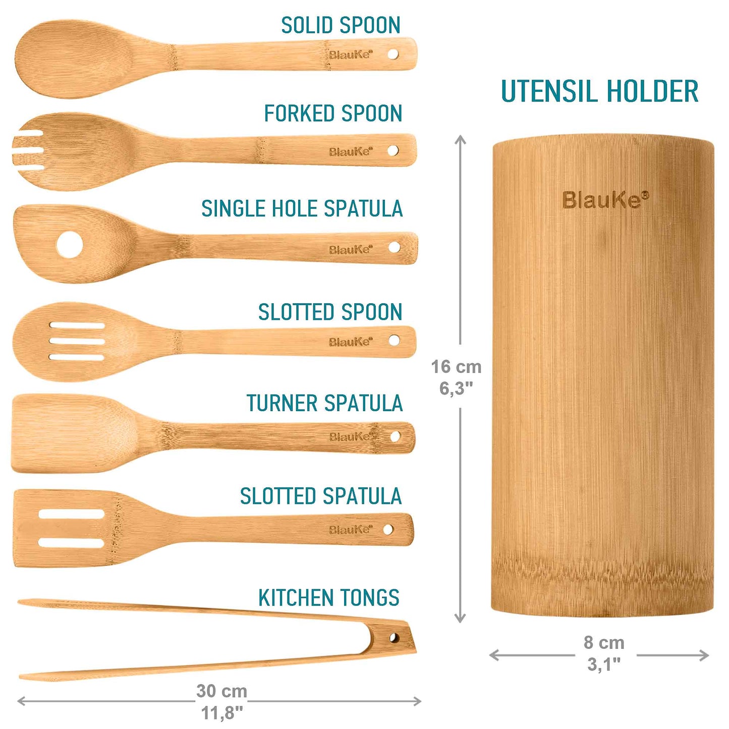 Bamboo Kitchen Utensils Set 8-Pack - Wooden Cooking Utensils