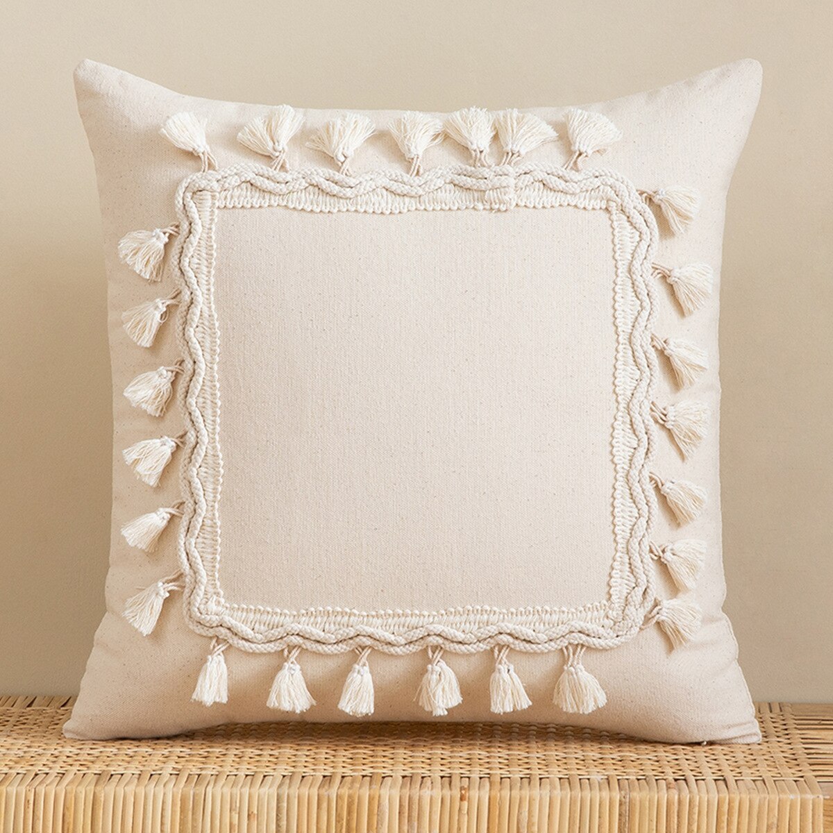 Tassels Cushion Cover Beige White Pillow Covers