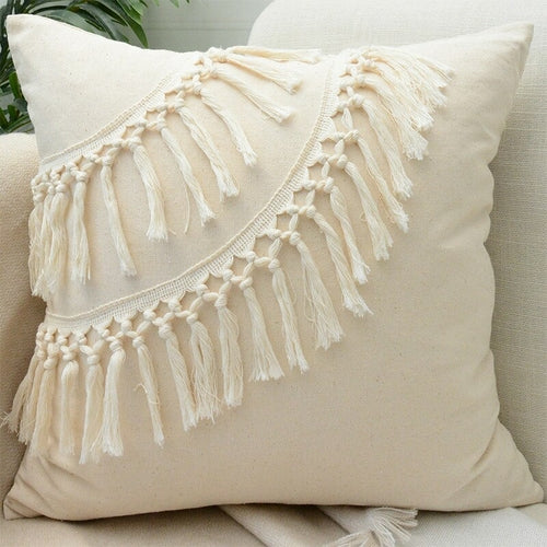 Tassels Cushion Cover Beige White Pillow Covers