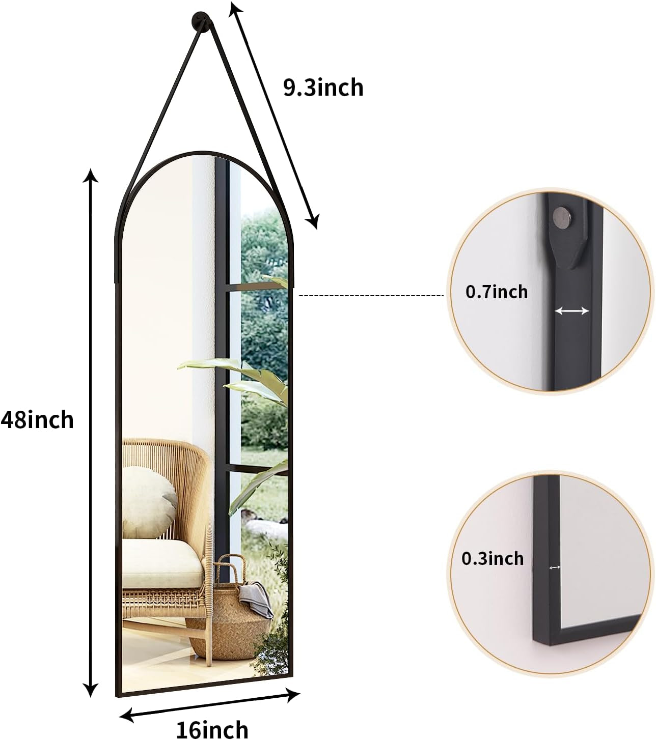 48''X16'' Arched Wall Mirror with Hanging Mirror Leather Cord,