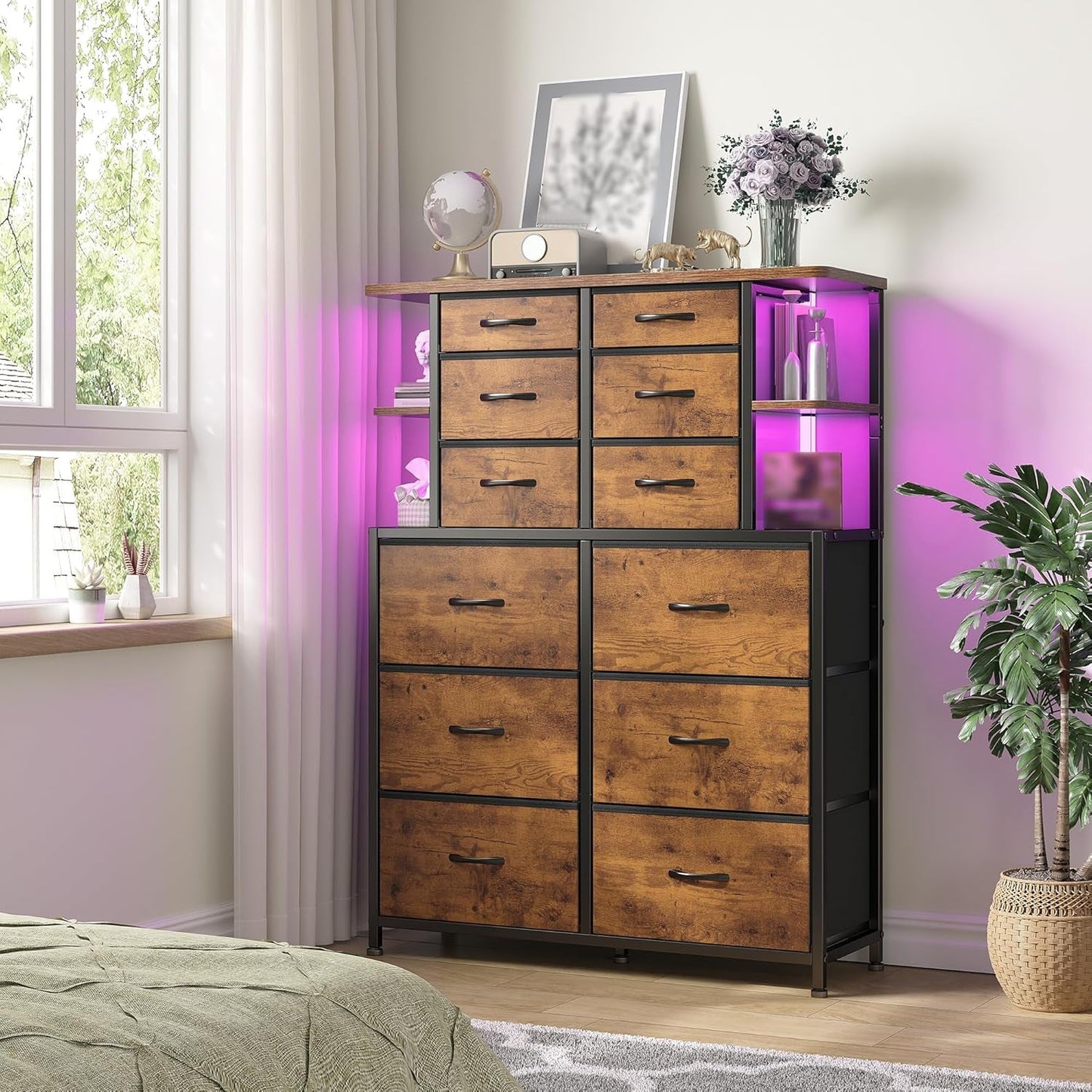 Dresser for Bedroom with LED Lights and 12 Drawers