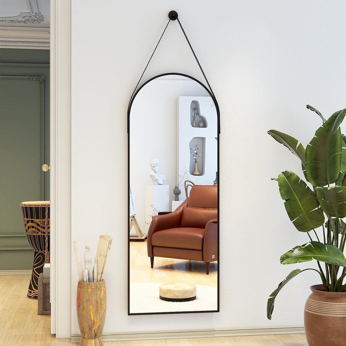 48''X16'' Arched Wall Mirror with Hanging Mirror Leather Cord,