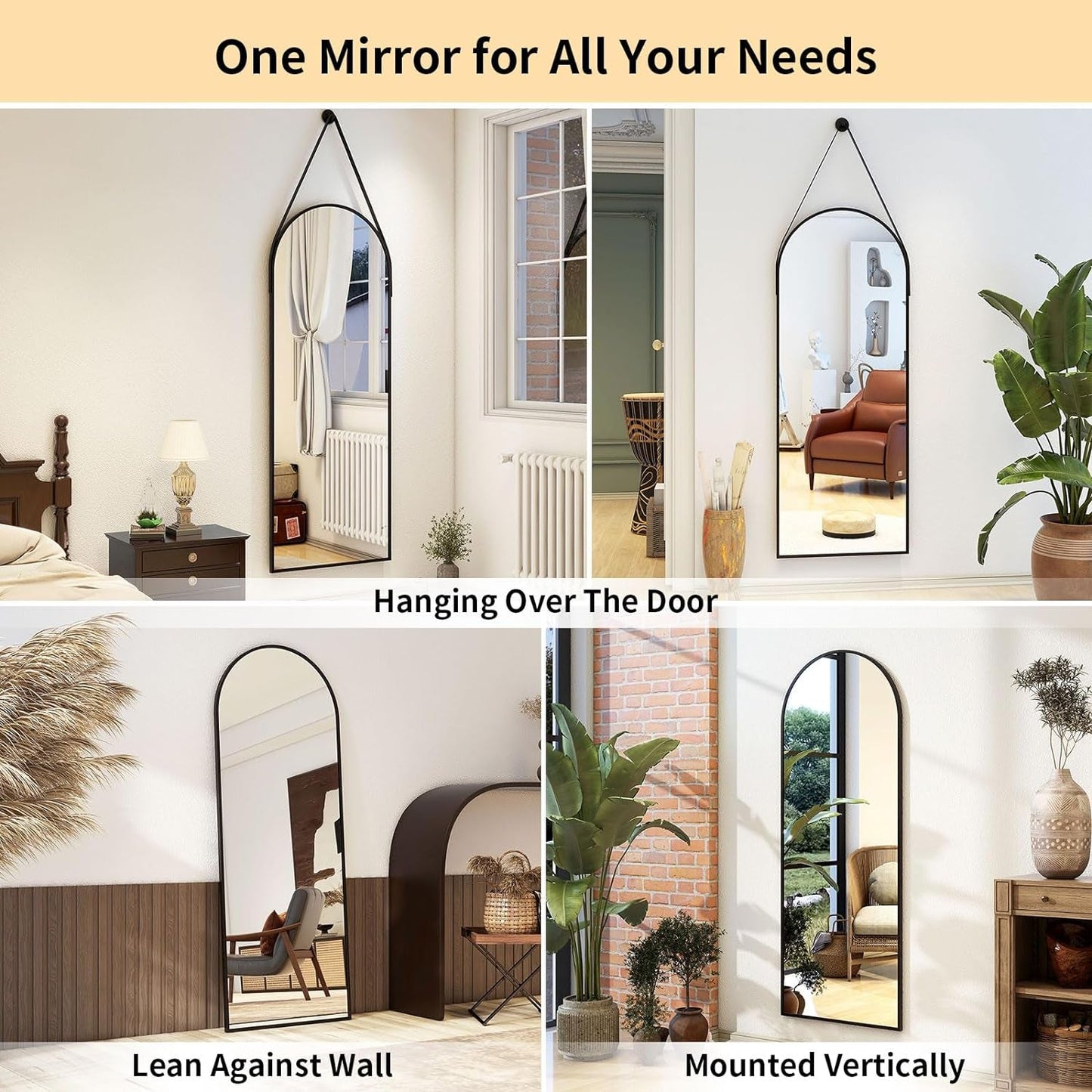 48''X16'' Arched Wall Mirror with Hanging Mirror Leather Cord,