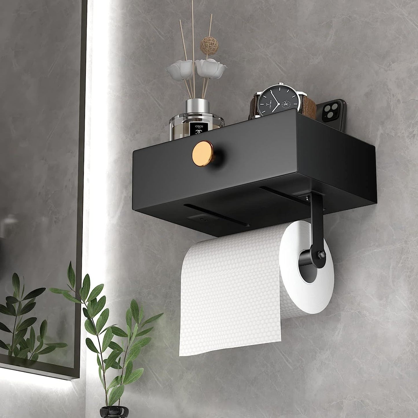 Toilet Paper Holder with Shelf Black Wipes Dispenser for Bathroom