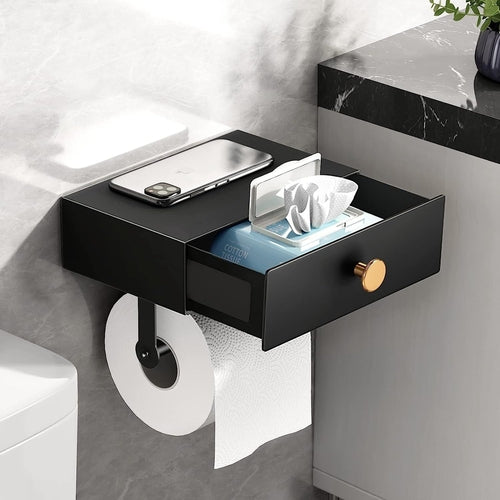 Toilet Paper Holder with Shelf Black Wipes Dispenser for Bathroom