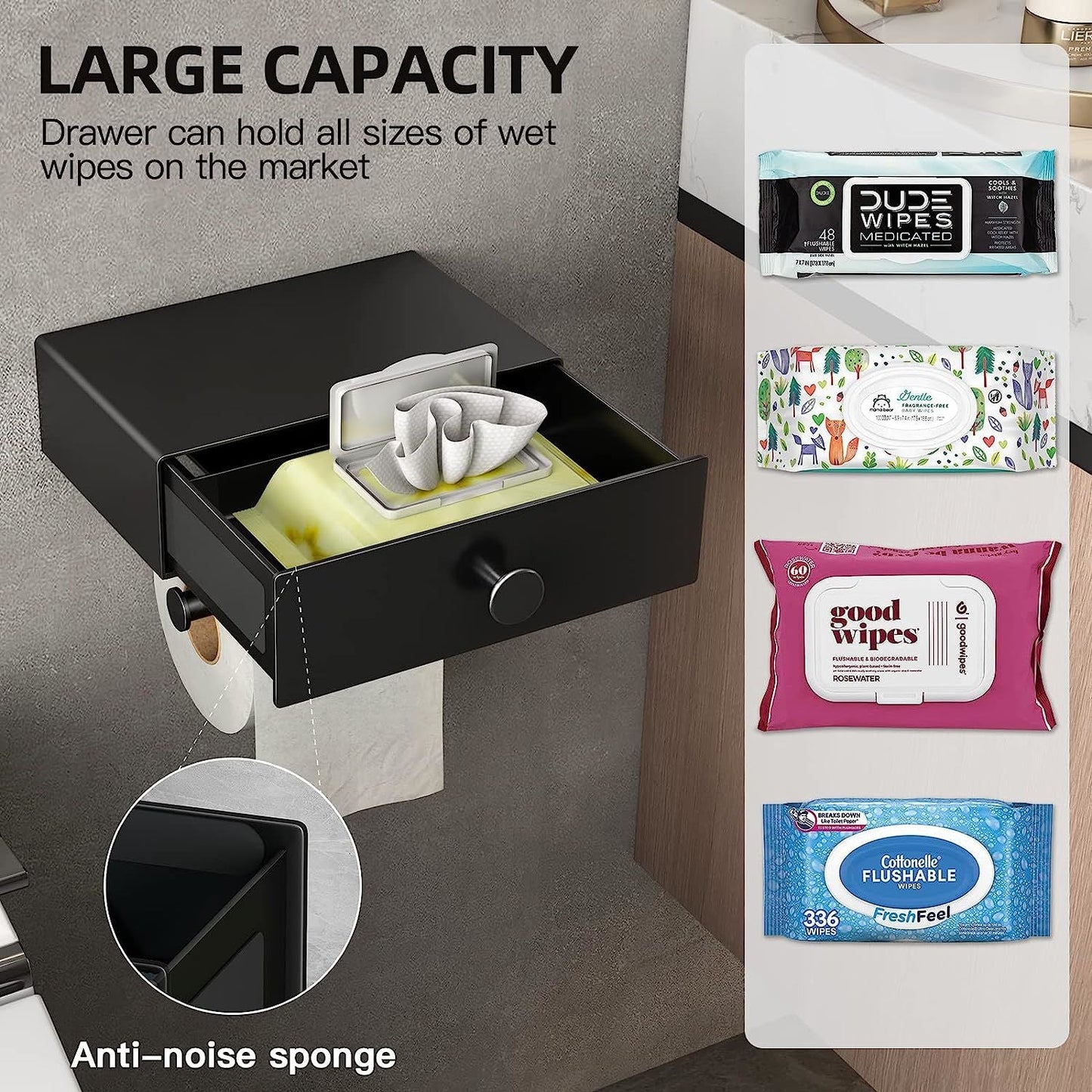 Toilet Paper Holder with Shelf Black Wipes Dispenser for Bathroom