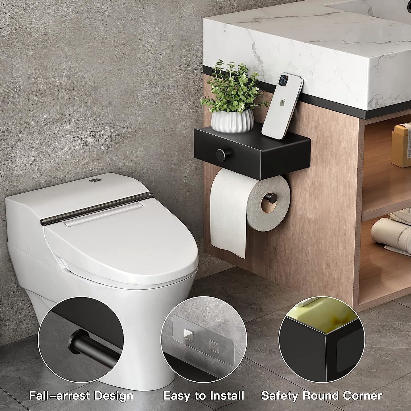 Toilet Paper Holder with Shelf Black Wipes Dispenser for Bathroom