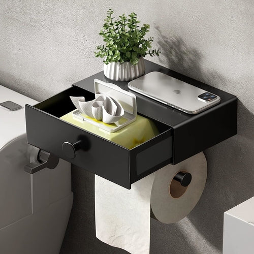 Toilet Paper Holder with Shelf Black Wipes Dispenser for Bathroom