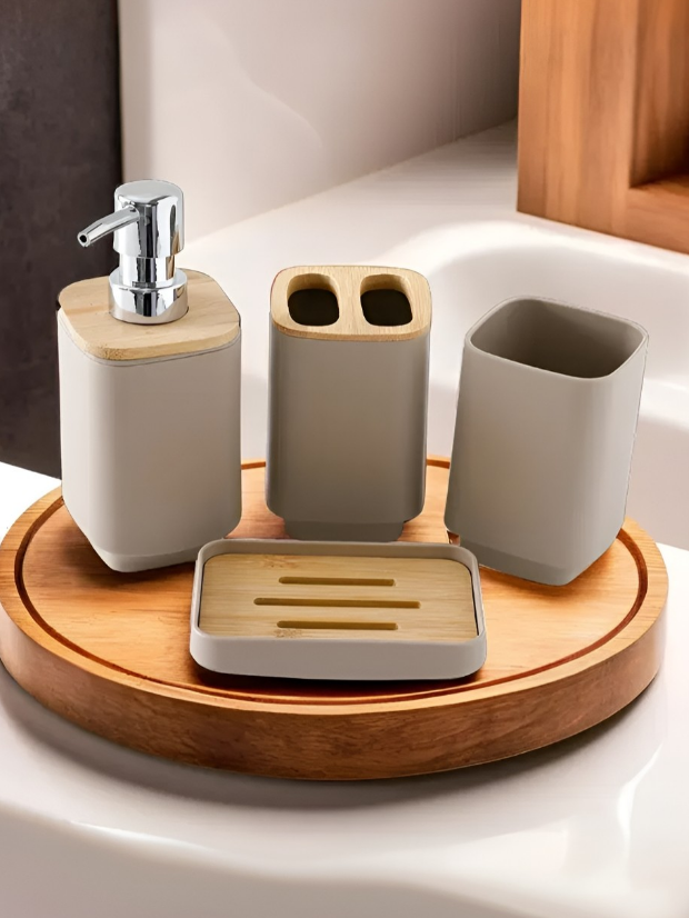 Grey & Brown 4 Piece Ceramic Matte Bath Accessories Set