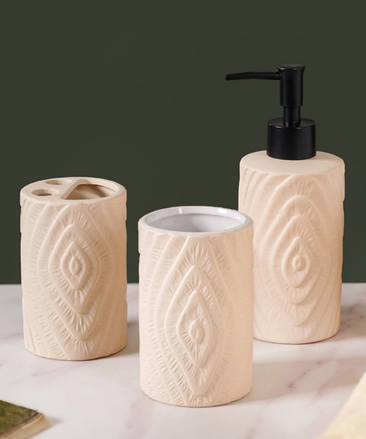 Beige 3 pieces Textured Ceramic Bath Accessories Set