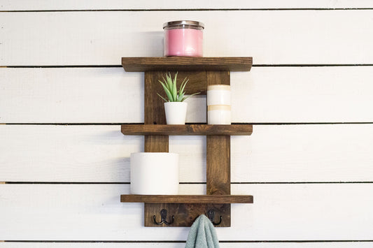 Wall Mounted Bathroom Shelf with 3 Shelves and 2 Double Towel Hooks